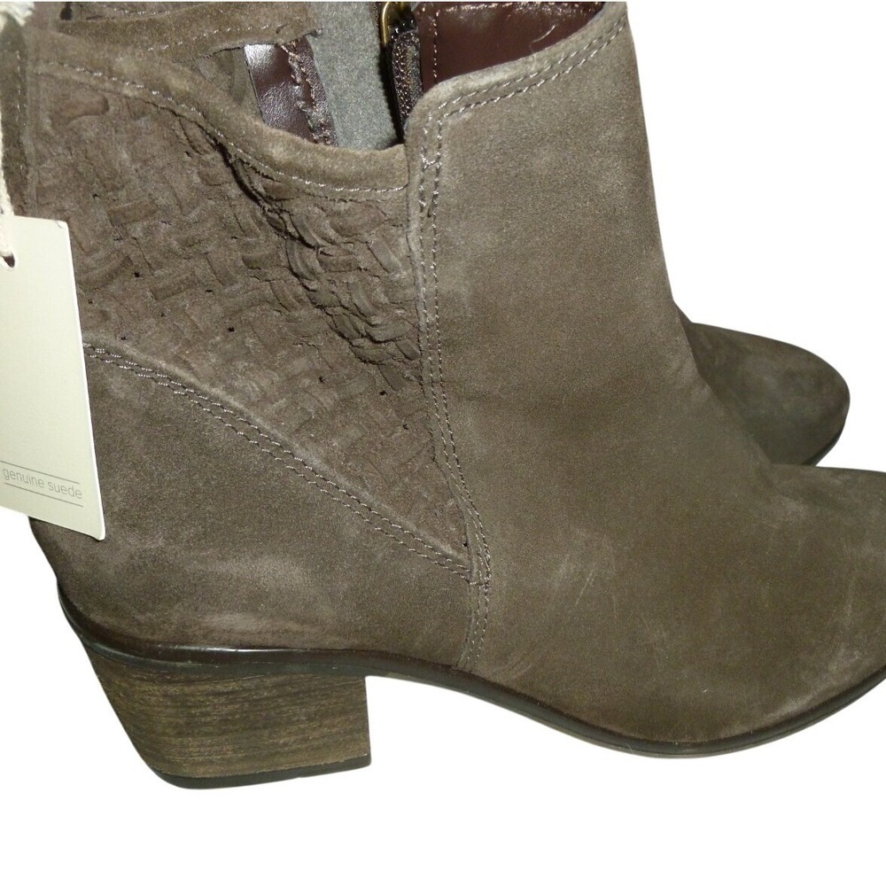Joie‎ Brown Suede Woven Detail Ankle Boots Stacked Heel Side Zip Womens 8.5